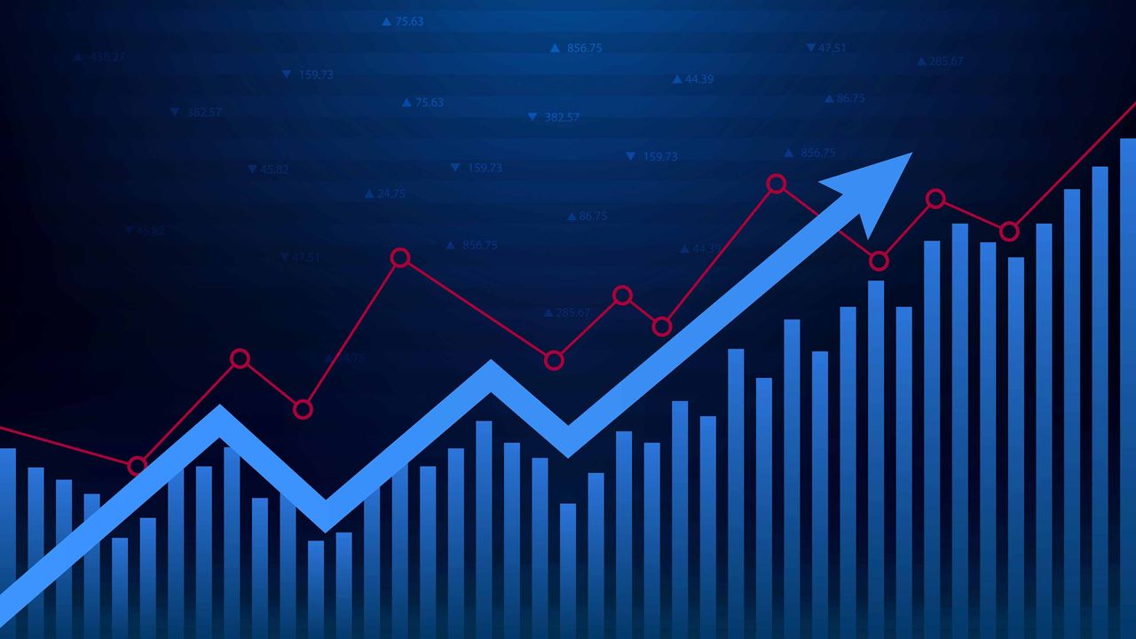 blue financial chart with arrow going up