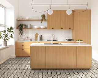 wood-effect contemporary kitchen with patterned flooring