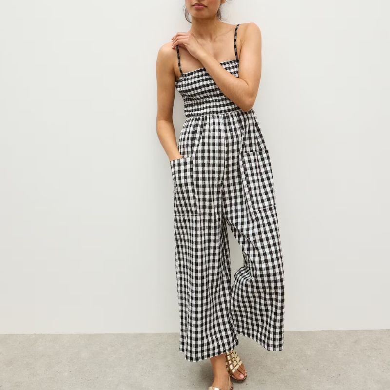 Oliver Bonas , Monochrome Gingham Strappy Cropped Cotton Jumpsuit