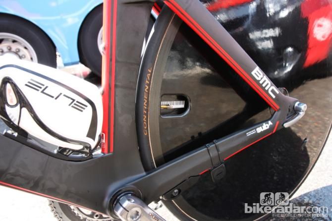 The painted Lightweight disc provides quite the mirror. While the electronic drivetrain wires are neatly tucked out of site, van Garderen has an old-school wheel magnet and sensor taped and zip-tied on, respectively