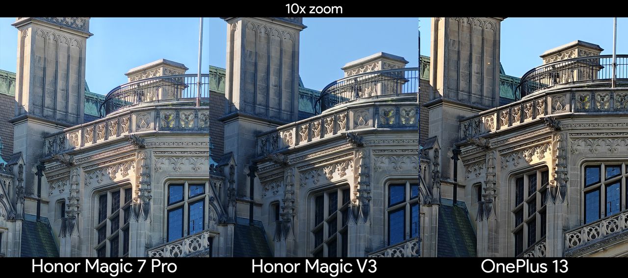 Comparing zoom detail between the Honor Magic V3, Honor Magic 7 Pro, and OnePlus 13 at 10x with the Biltmore Estate's facade
