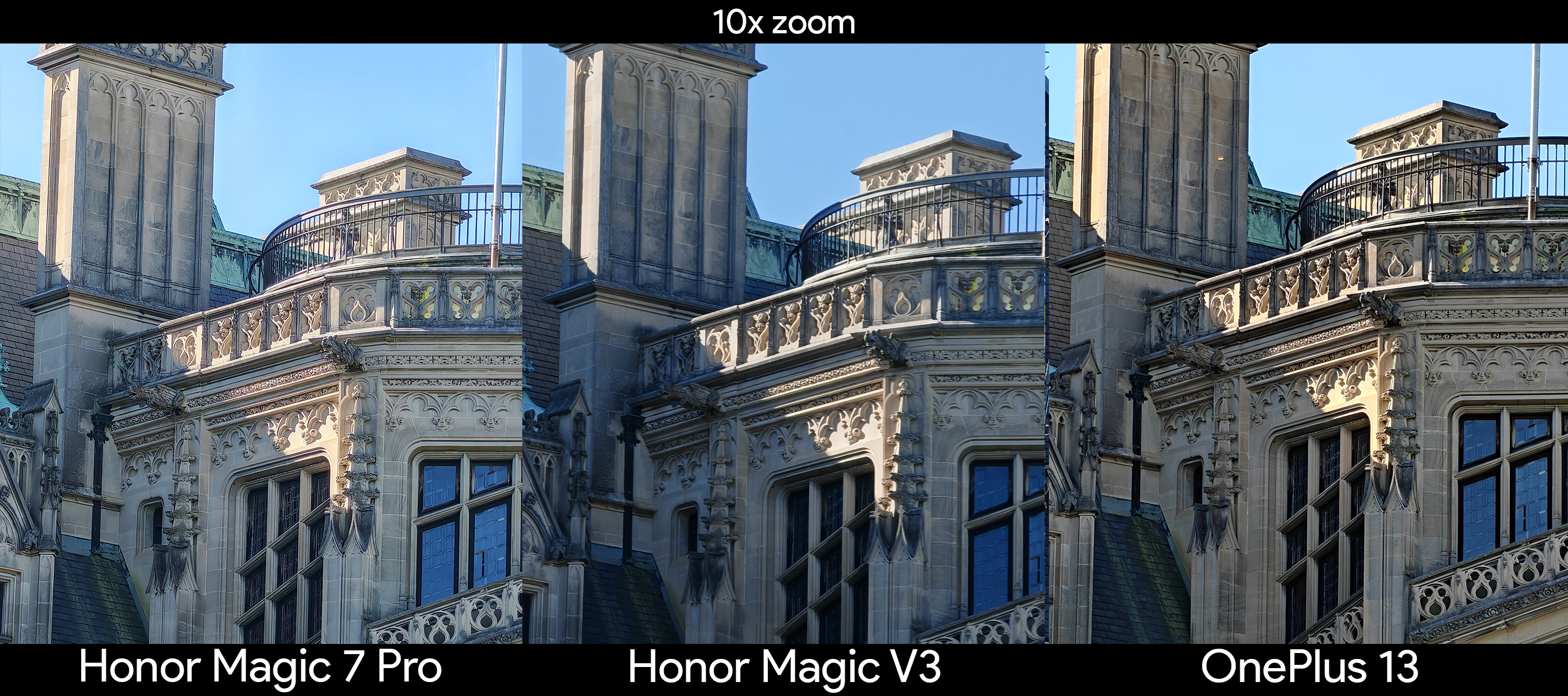 Comparing zoom detail between the Honor Magic V3, Honor Magic 7 Pro, and OnePlus 13 at 10x with the Biltmore Estate's facade