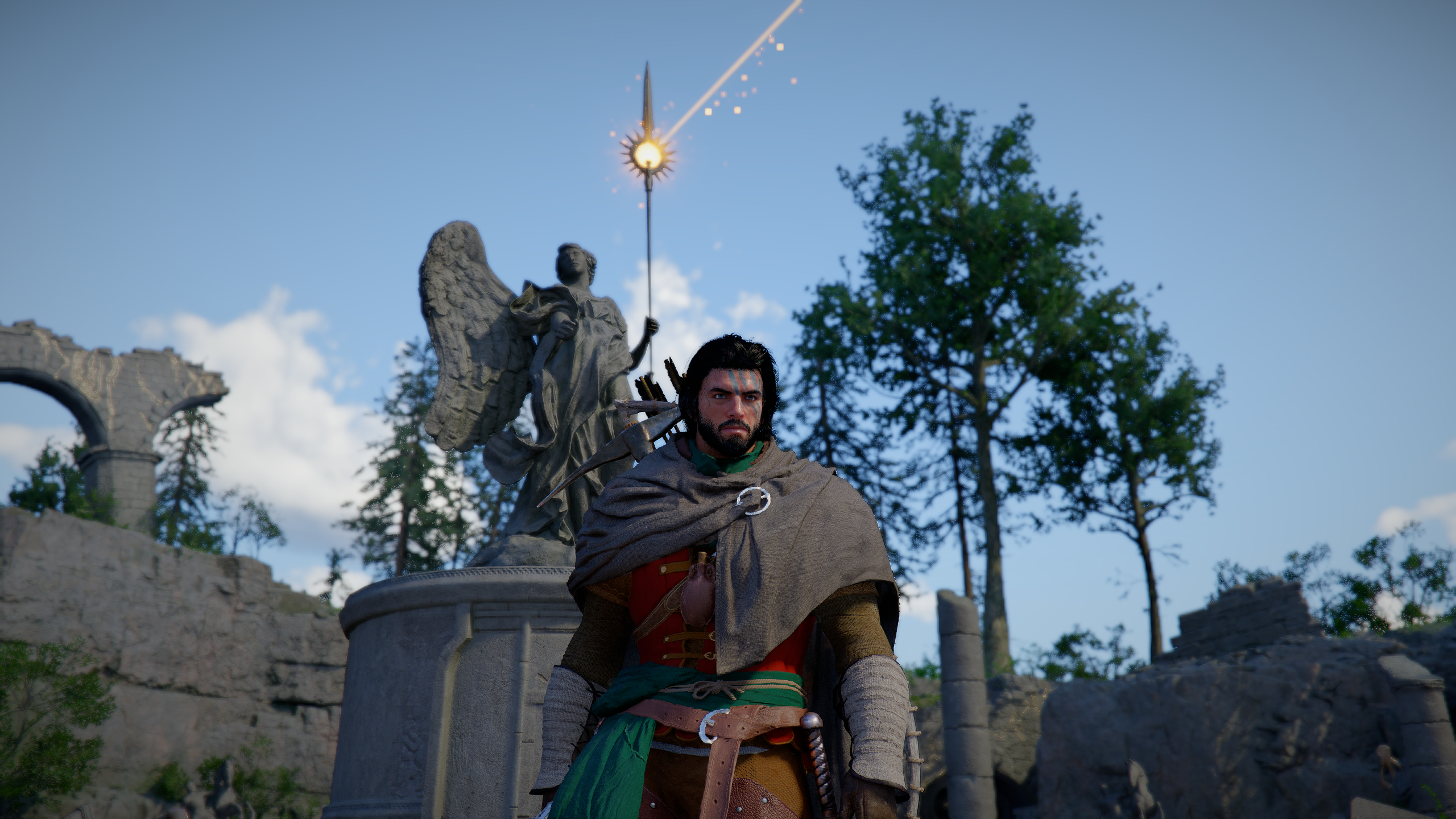 Crimson Desert Halssius Conflux puzzle: Kliff stood next to a large angel statue with a glowing beam of light coming from it.