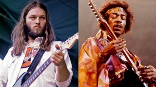 LEFT: Pink Floyd 1974 David Gilmour performing with Roy Harper at Hyde Park, 1970. RIGHT: Jimi Hendrix performs live on stage playing a black Fender Stratocaster guitar with The Jimi Hendrix Experience at the Royal Albert Hall in London on 24th February 1969.