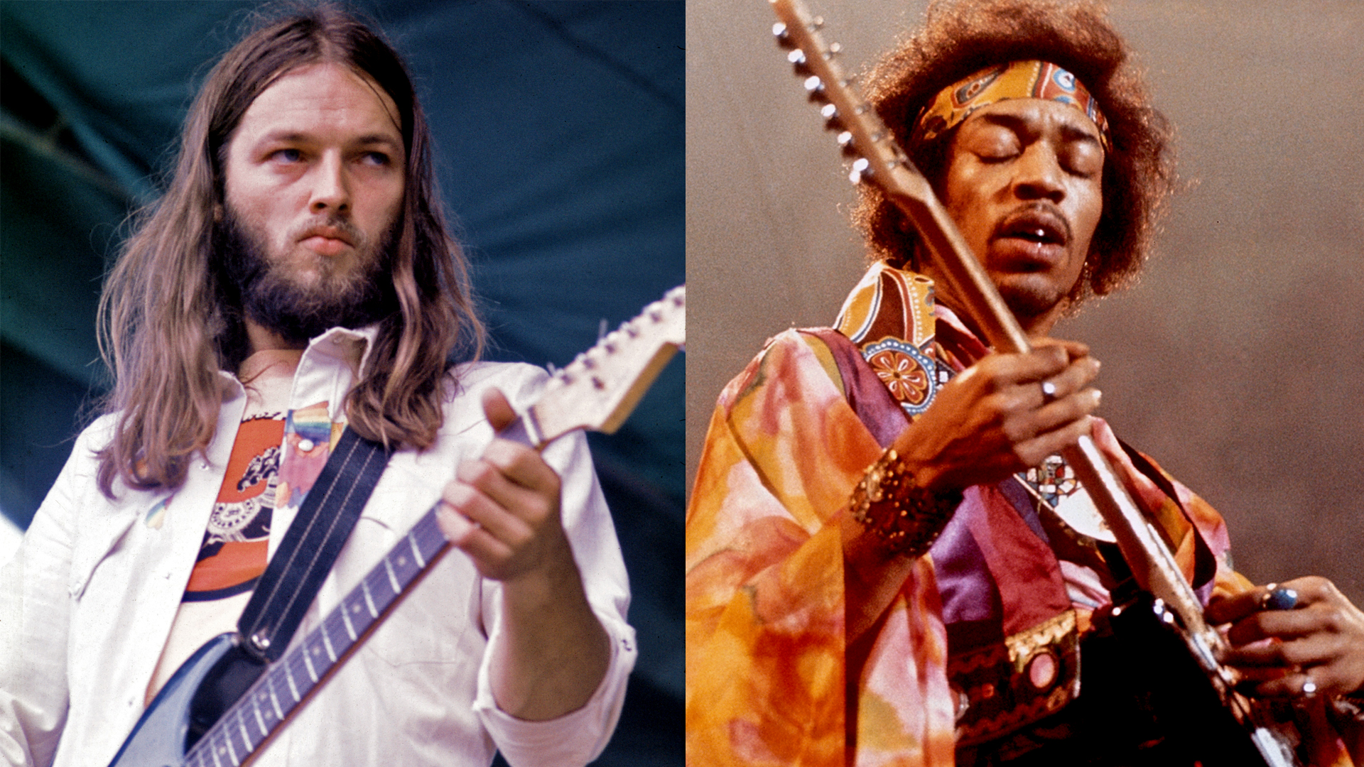 LEFT: Pink Floyd 1974 David Gilmour performing with Roy Harper at Hyde Park, 1970. RIGHT: Jimi Hendrix performs live on stage playing a black Fender Stratocaster guitar with The Jimi Hendrix Experience at the Royal Albert Hall in London on 24th February 1969. 