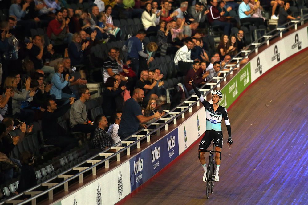 Niki Terpstra of The Netherlands celebrates winning the 30km Points race round of the 1878 Cup during day one of the London Six Day Race