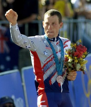 Lance Armstrong (United States) on the podium for the time trial at the Sydney Olympics