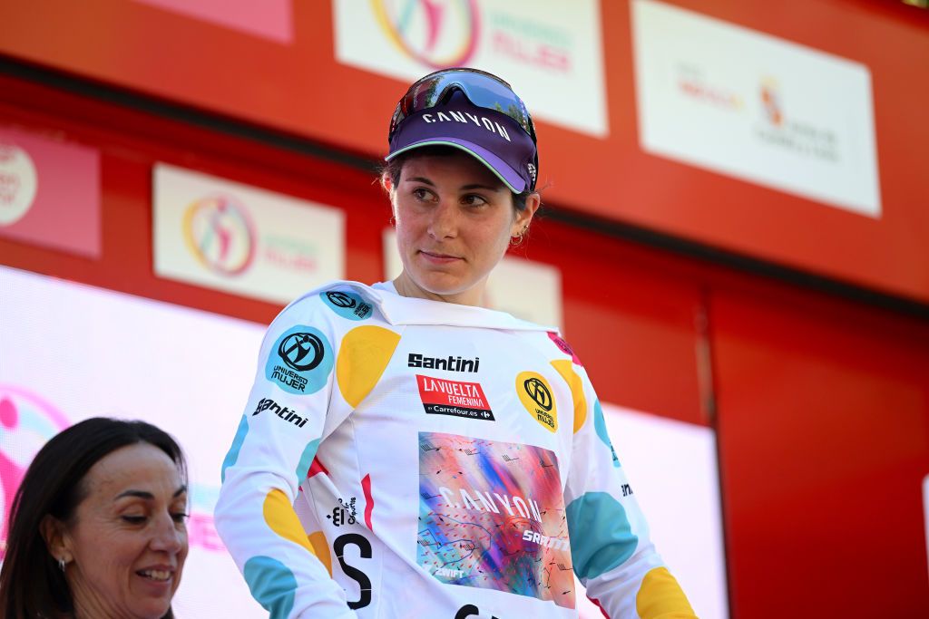 GUADALAJARA SPAIN MAY 04 Elise Chabbey of Switzerland and Team CanyonSRAM Racing celebrates at podium as Polka Dot Mountain Jersey winner during the 9th La Vuelta Femenina 2023 Stage 4 a 1331km stage from Cuenca to Guadalajara UCIWWT on May 04 2023 in Guadalajara Spain Photo by Dario BelingheriGetty Images