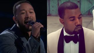 screenshot of john legend on the voice and kanye west in runaway music video