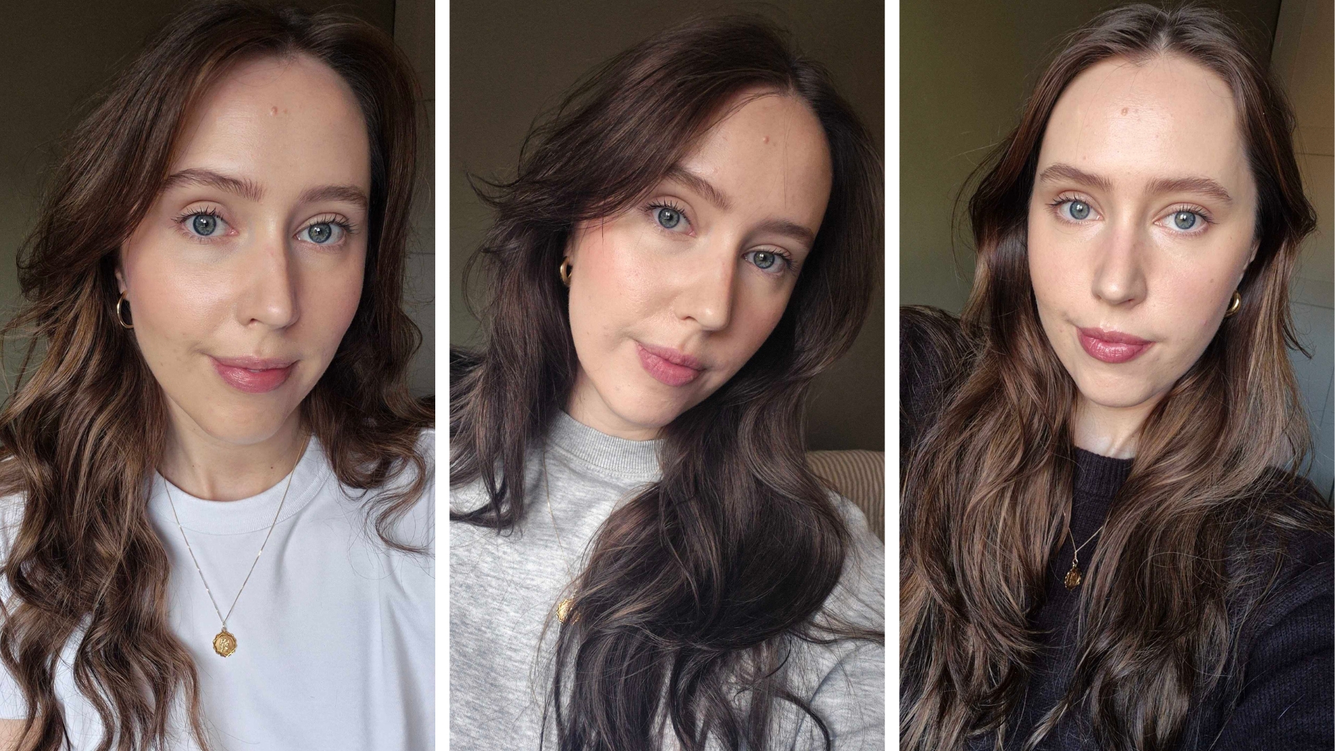 Three pictures of Digital Beauty Writer, Naomi Jamieson showcasing the different curls and waves that the BaByliss Curl and Wave Trio gives. On the left, Naomi can been seen with tight, bouncy curls, in the middle, loose, voluminous waves and on left, loose, tousled beachy texture.