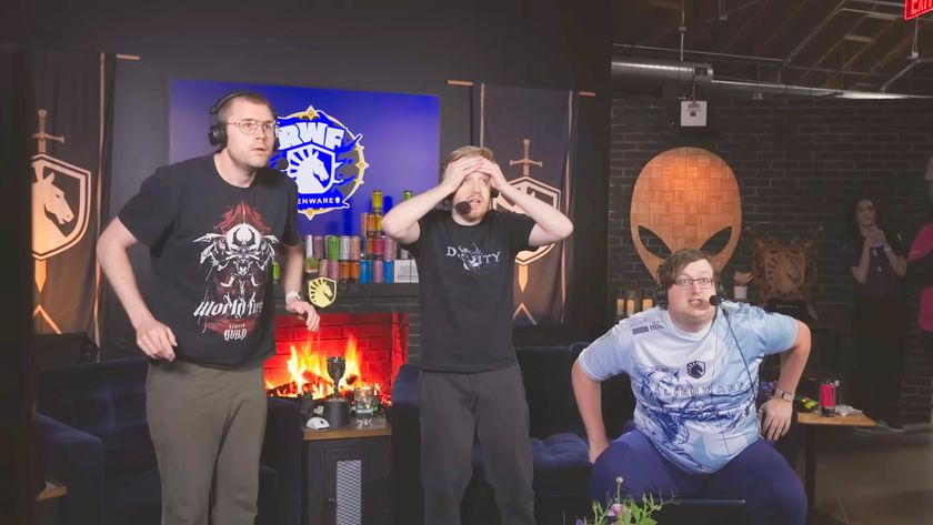 A screencap of three World of Warcraft Race to World First casters in disbelief. The person on the left is stood straight up in shock. The second caster, in the middle, has both hands on their head. And the third caster is on the edge of their seat.