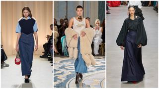 Fall 2024 runway, denim skirts— Bally, Conner Ives, Carolina Herrera