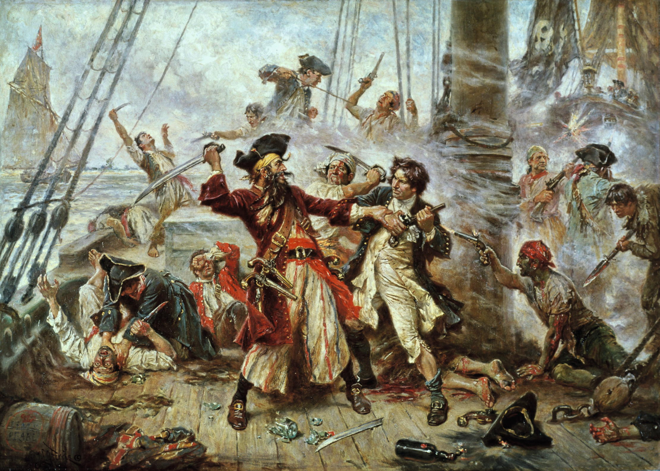 The Capture of The Pirate Blackbeard, 1718 (oil on canvas) by Jean Ferris (1863-1930).