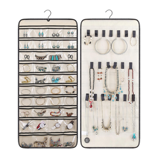 A hanging jewelry organizer