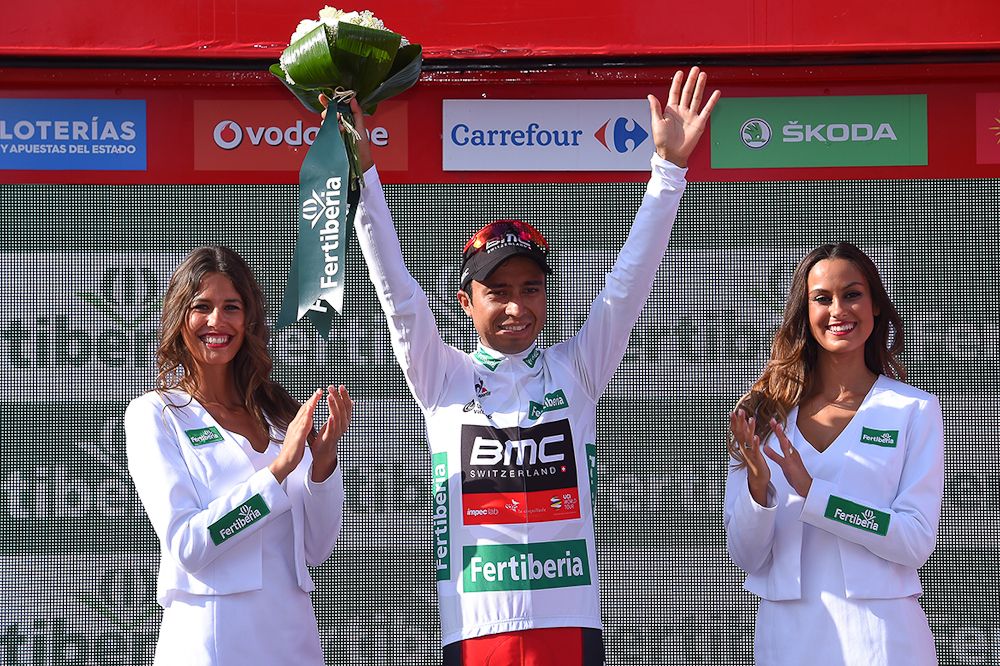 Darwin Atapuma in the white jersey on the stage 7 podium.