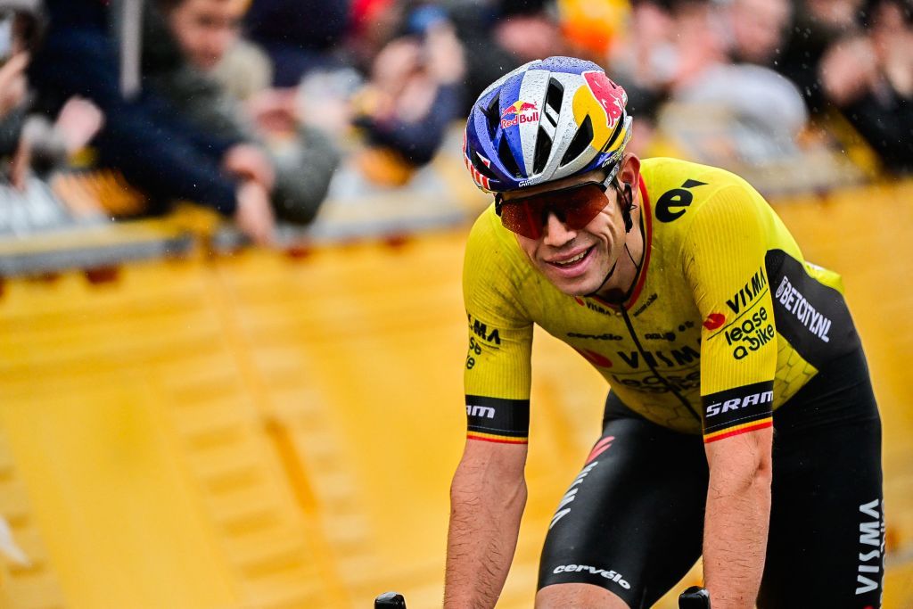 Belgian Wout van Aert of Team Visma-Lease a Bike reacts after the 'E3 Saxo Bank Classic' one day cycling race, 207km from and to Harelbeke, Friday 22 March 2024. BELGA PHOTO DIRK WAEM (Photo by DIRK WAEM / BELGA MAG / Belga via AFP)