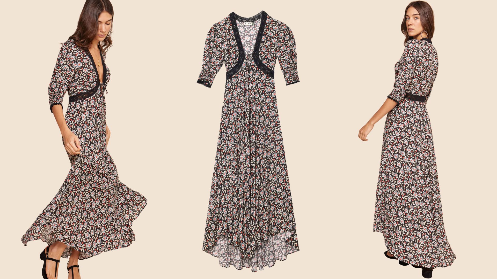 three images of the Rixo Amina midi dress