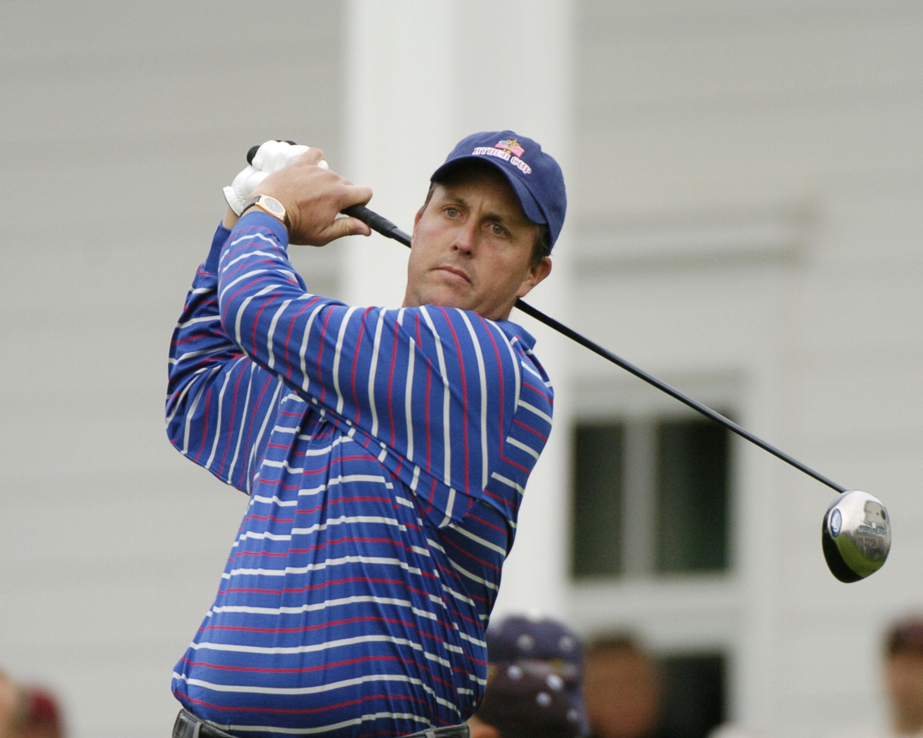 Phil Mickelson tees off with a new driver during fourball competition at the 2004 Ryder Cup