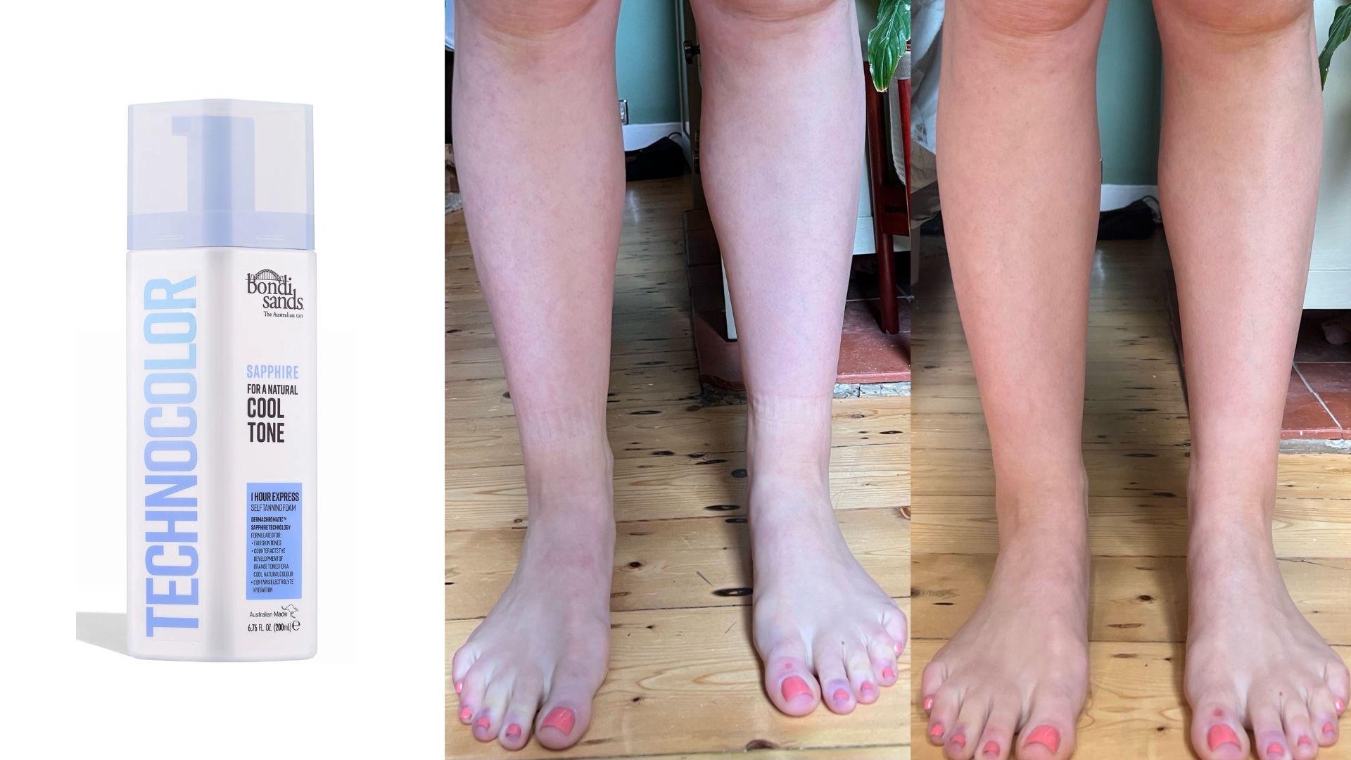 A before and after of Fiona using the Sienna X Dark Q10 Tinted Mist next to a product shot