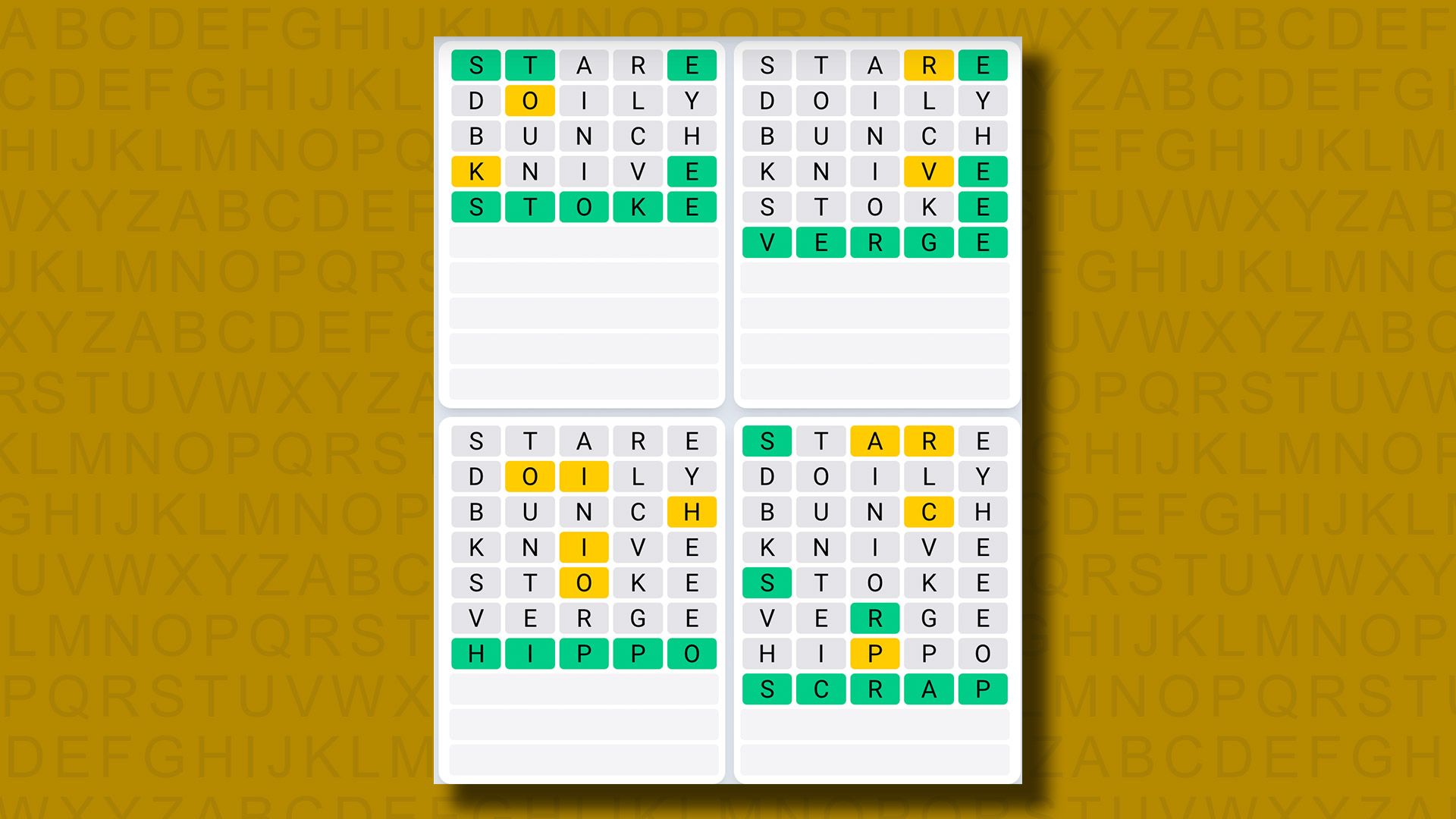 Quordle Daily Sequence answers for game 1023 on a yellow background