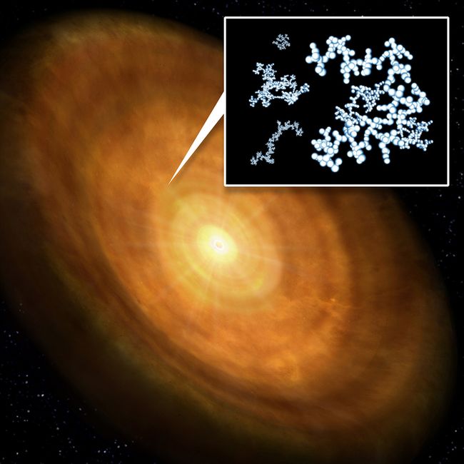 An artistic visualization of fluffy aggregated material in a disk around a star. This material condense with pressure and surrounding gases to form small rocky space objects and eventually protoplanets in an early solar system.