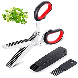 Medo Herb Scissors, Multifunctional 5 Blade Kitchen Scissors With Lid and Cleanup Comb, Stainless Steel Shears for Chopping Chives and Parsley