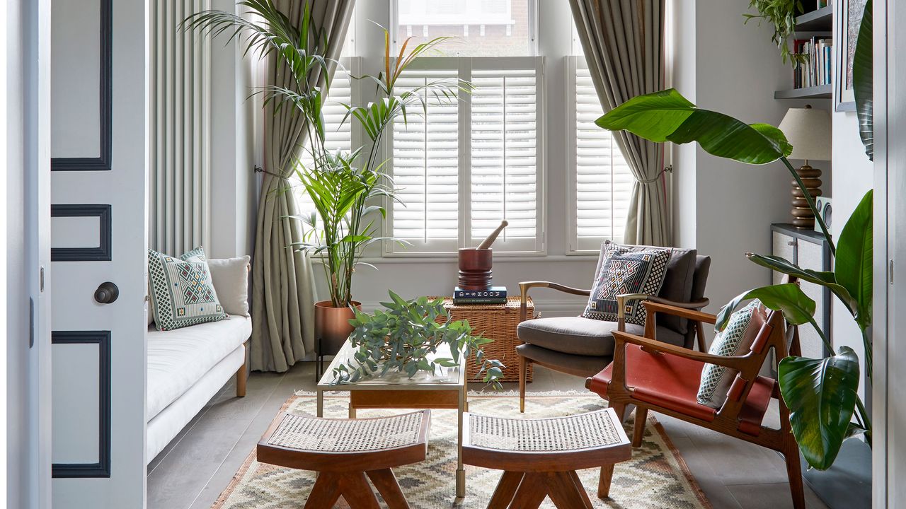 mid-century living room with window shutters
