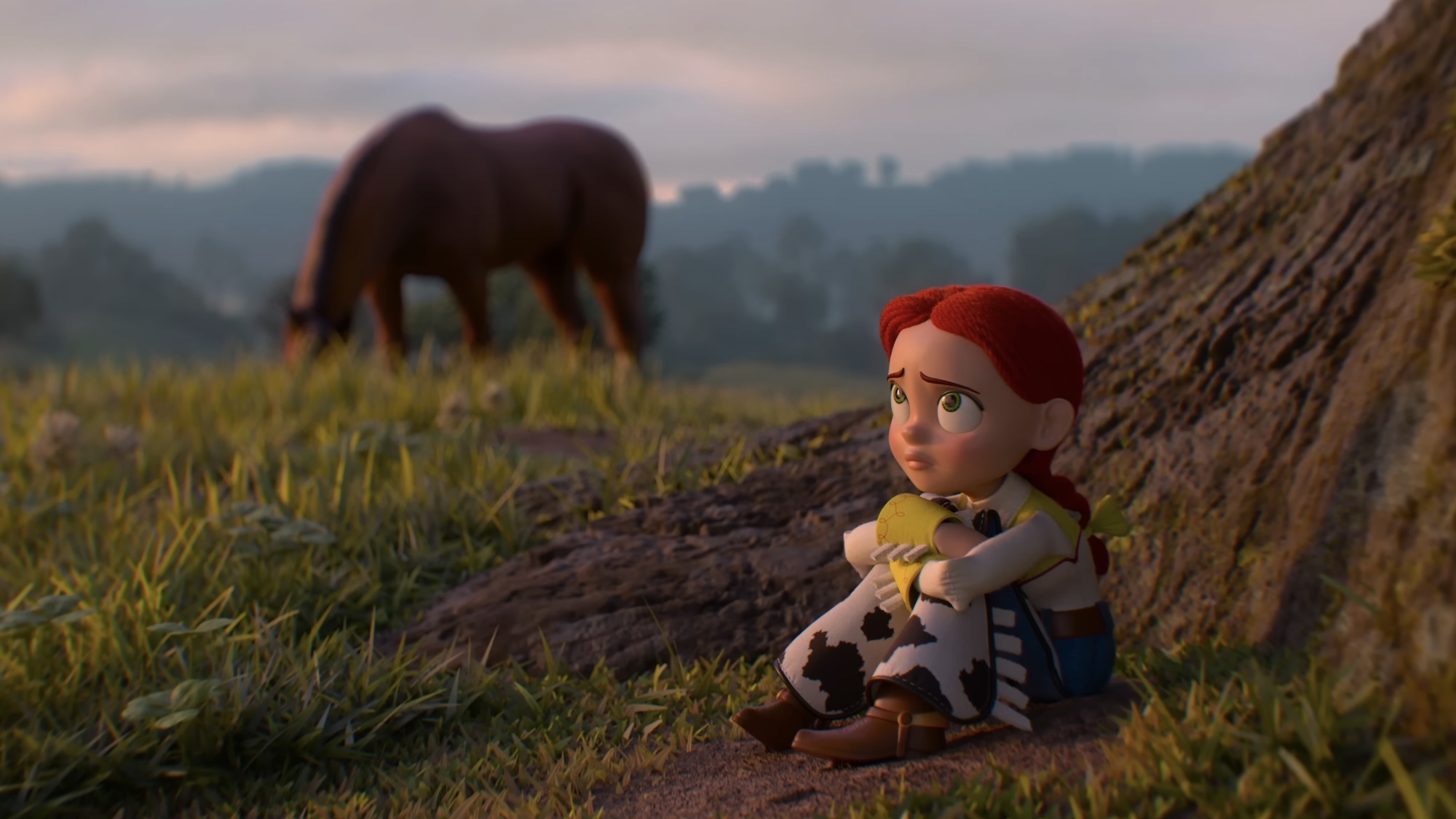 Jessie feeling sad sitting next to a tree with a horse in the background in Toy Story 5