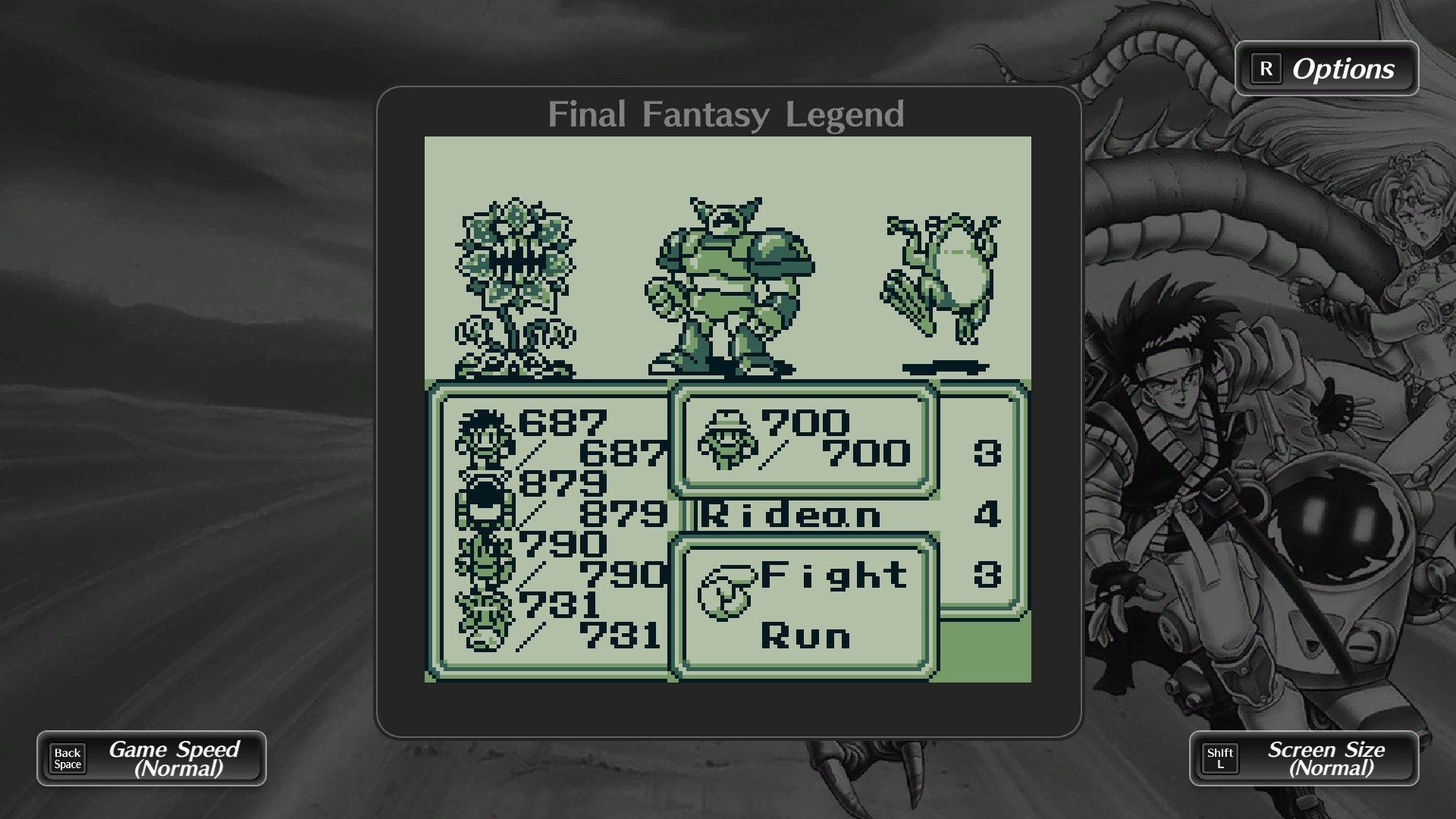 Best JRPGs - In Final Fantasy Legend, the player considers whether to fight a flower, a mech, and a prancing frogman.