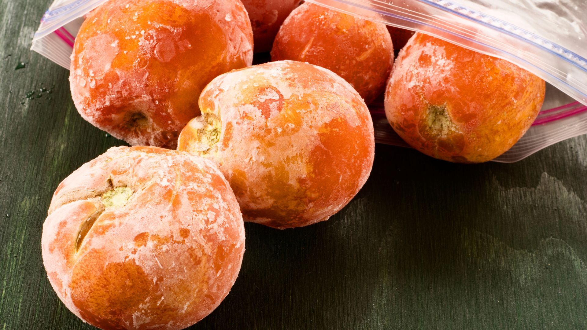 Frozen tomatoes in a ziplock bag