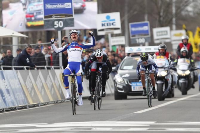 World champion Marianne Vos (Rabobank Liv/Giant) shows her delight as she wins ahead of Ellen van Dijk (Specialized-lululemon) and Emma Johansson (Orica-AIS). Elisa Longo Borghini (Hitec Products) was fourth