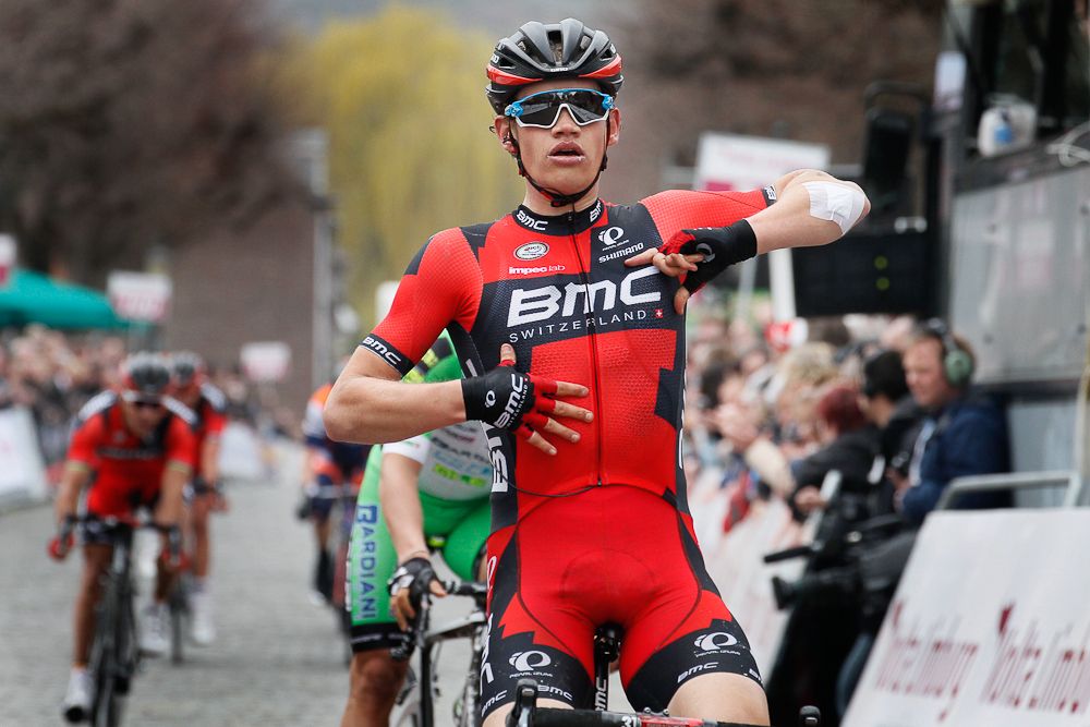 Floris Gerts points to his BMC jersey as he takes his first professional victory