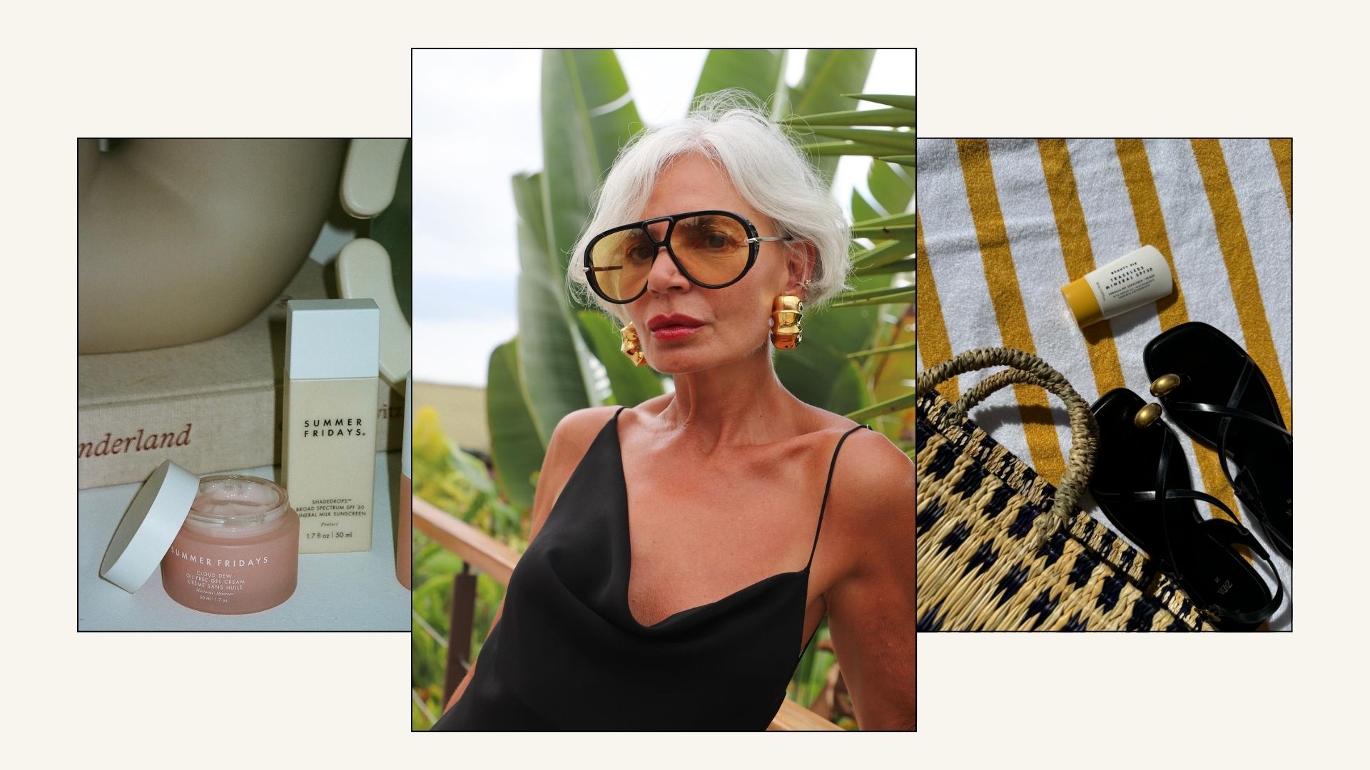 Collage of skincare and SPF with photo of Grece Ghanem in sunglasses