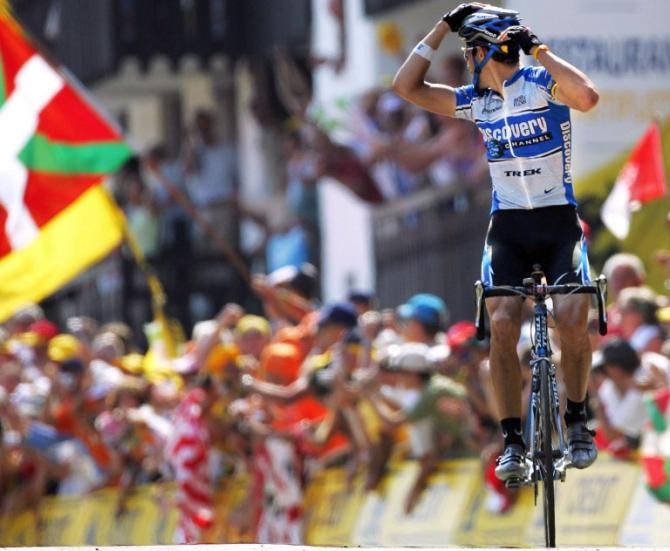 George Hincapie takes his sole Tour de France stage win on the Pla d'Adet in the 2005 Tour de France.
