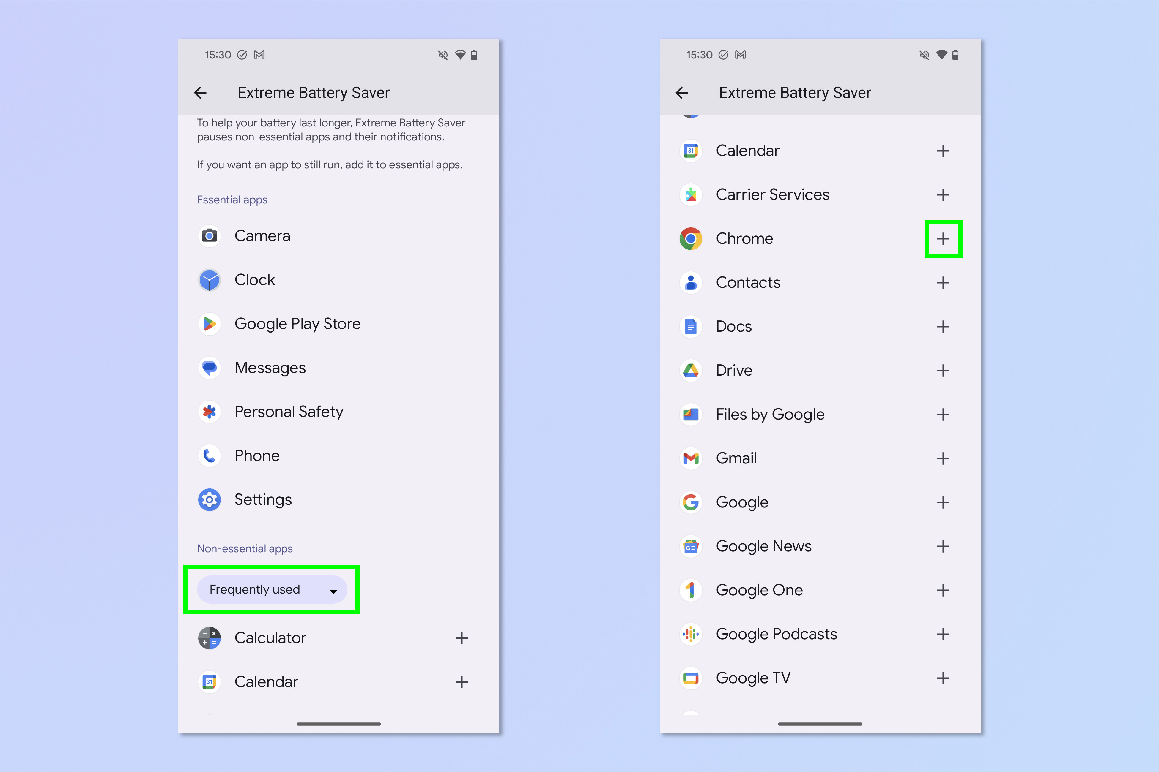 Screenshot showing how to enable and customize Extreme Battery Saver on Android