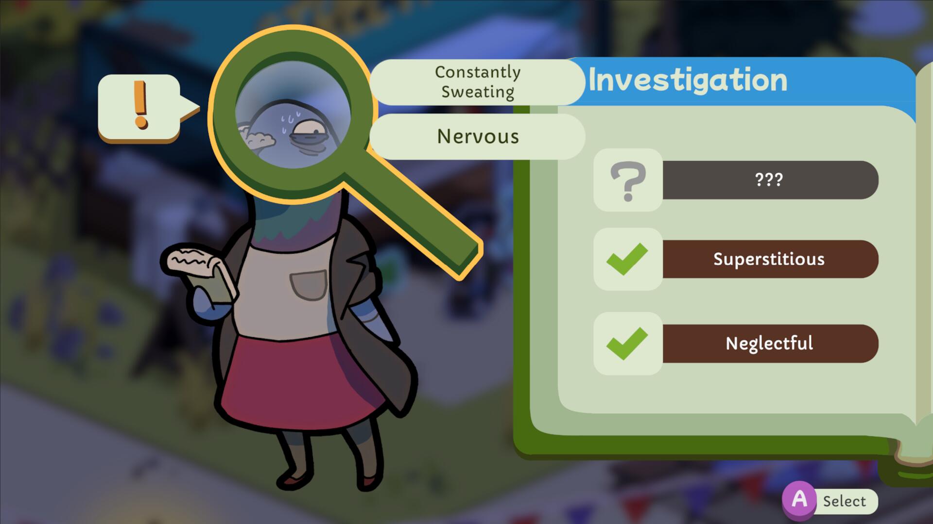 Eugene uses his magnifying glass to observe a pigeon character in Duck Detective: The Ghost of Glamping - he has deduced that they are: neglectful, superstitious, constantly sweating, and nervous