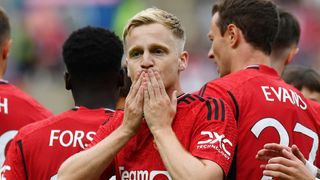 Donny van de Beek of Manchester United celebrates scoring with his team ahead of this week's pre-season friendly against Real Madrid.