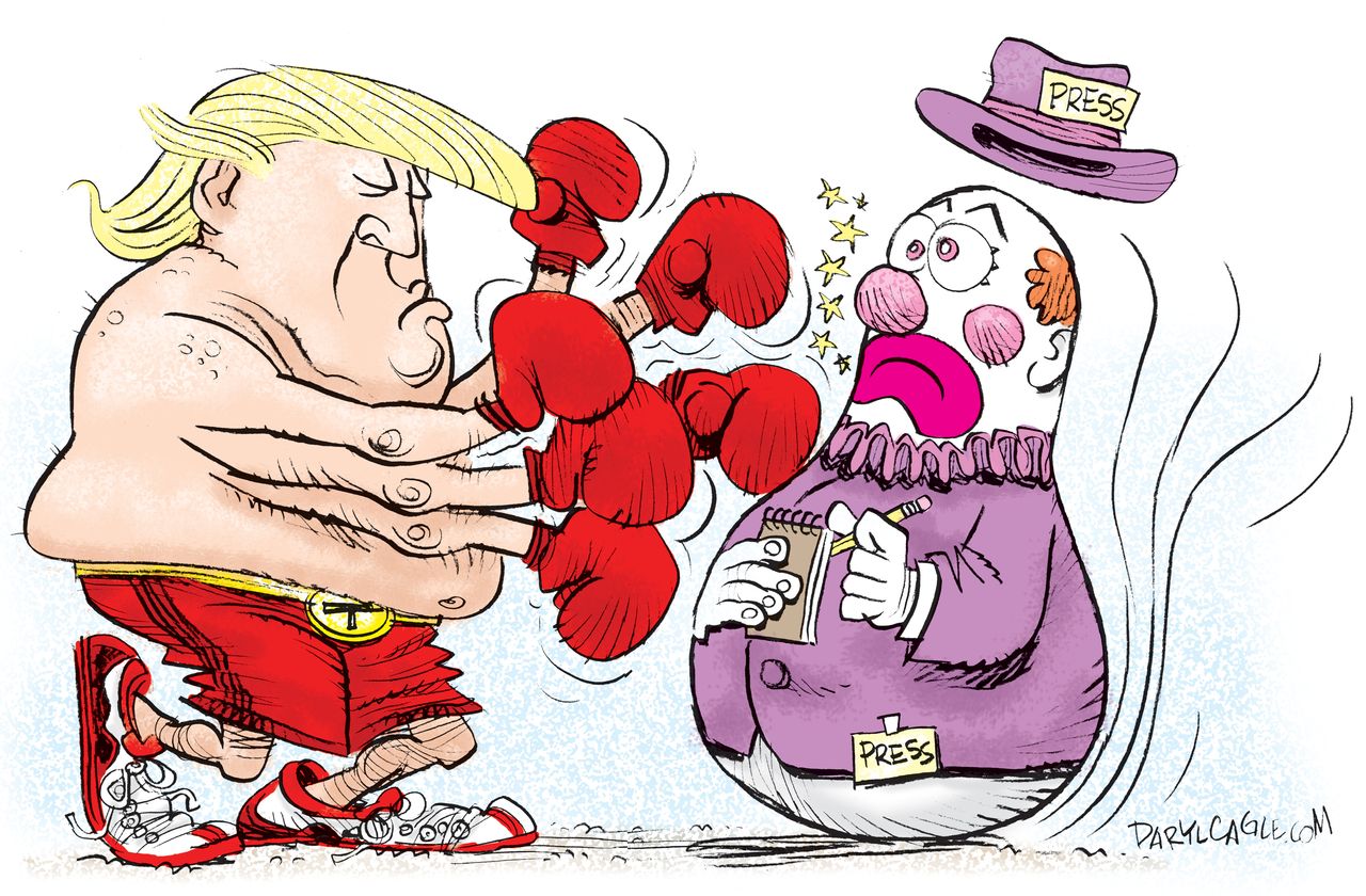 Political Cartoon U.S. President Trump press media feud