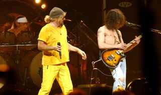(from left) Alex Van Halen, Sammy Hagar and Eddie Van Halen perform onstage on August 19, 2004