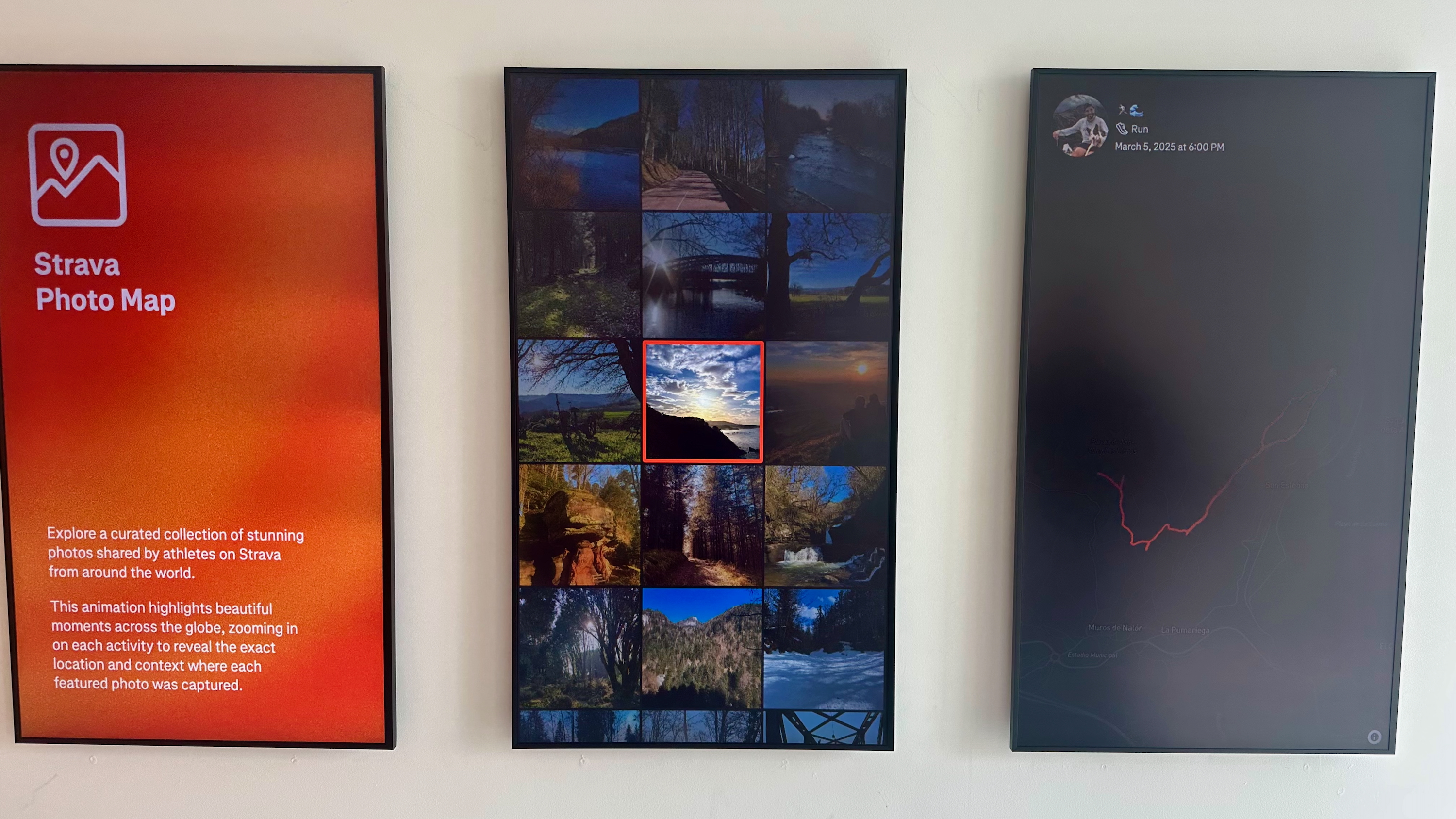 Three screens showing a Strava Photo Map, highlighting AI-chosen public photos of Strava athletes' art