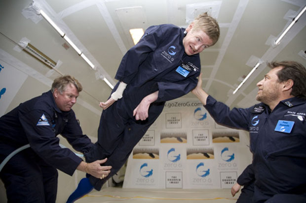 Professor Stephen Hawking experiences the freedom of weightlessness during a zero gravity flight.