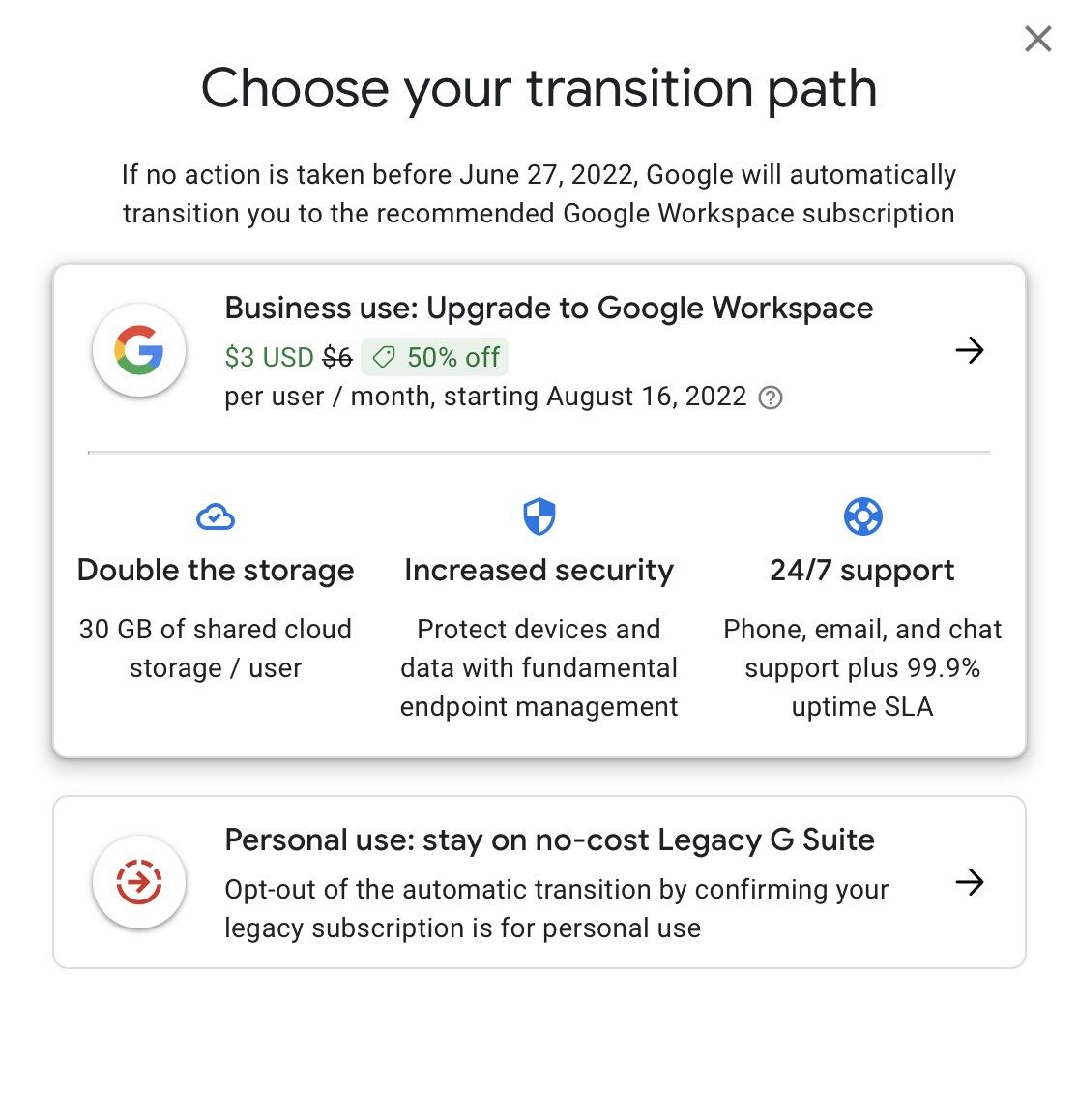 Legacy G Suite no-cost option
