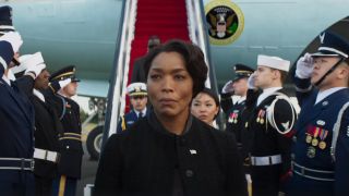 Angela Bassett looking gravely serious as she deplanes from Air Force One in Mission Impossible: The Final Reckoning.