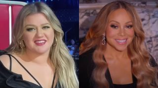 Screenshot of Kelly Clarkson on The Voice Season 23/Screenshot of Mariah Carey announcing tickets on sale for her "Merry Christmas One and All!" tour.