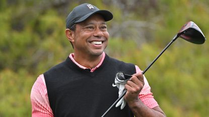 Tiger Woods smiling before the first round of the 2022 PNC Championship in Florida