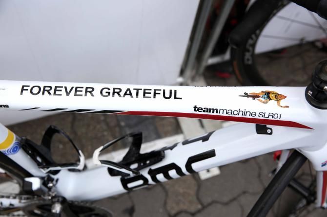 A close up of the top tube graphics on Cadel Evans' BMC team bike
