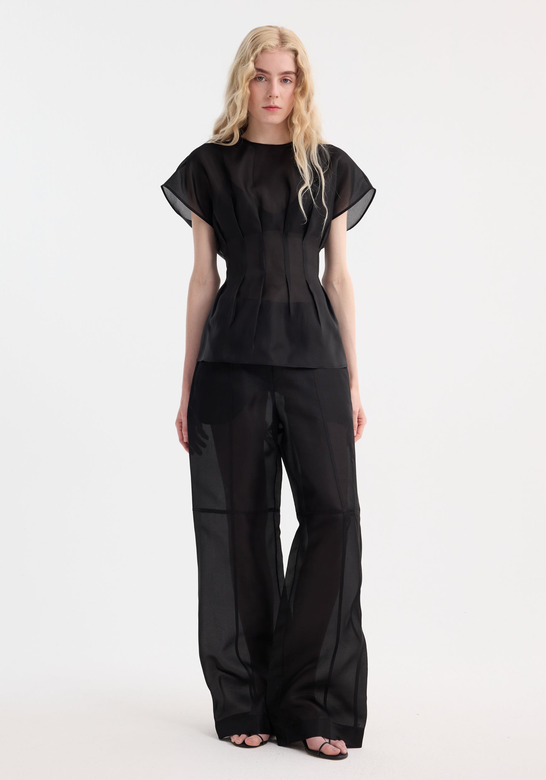 Pleated Waistline Organza Silk Top | Black