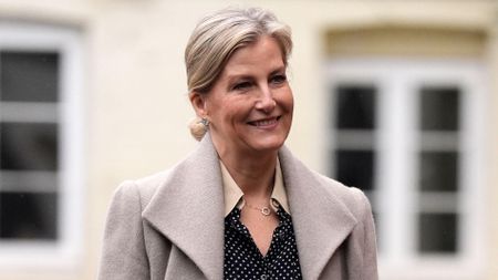 Duchess Sophie, wearing a polka dot dress and taupe coat, arrives for a visit to Royal Military Academy Sandhurst