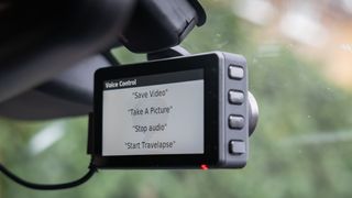 Garmin Dash Cam Live mounted in vehicle show the Voice Control screen
