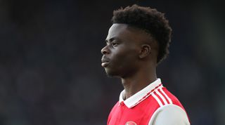 Bukayo Saka of Arsenal looks on during the Premier League match between Leicester City and Arsenal at the King Power Stadium on 25 February, 2023 in Leicester, United Kingdom.